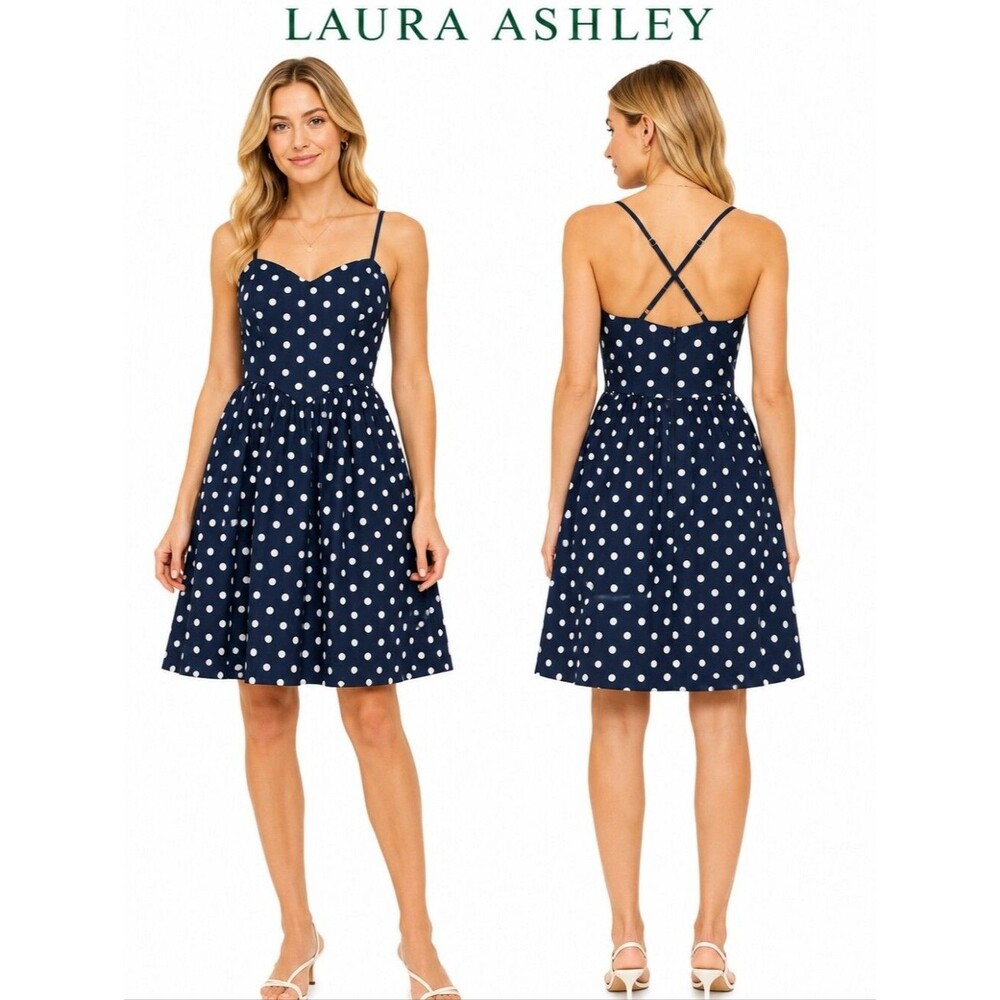 Laura Ashley Vintage Polka Dot Cotton Sundress Women Navy White Size US 10